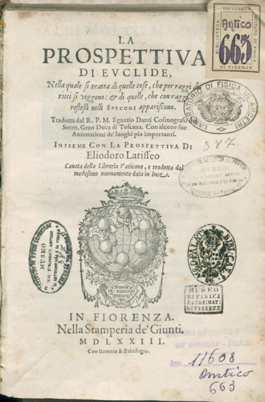 Italský překlad Eukleidovy Optiky, vydaný tiskem ve Florencii roku 1573.
