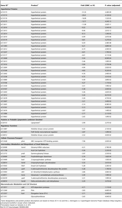 <i>L. interrogans</i> sv. Copenhageni genes downregulated in DMCs compared to <i>in vitro</i>.