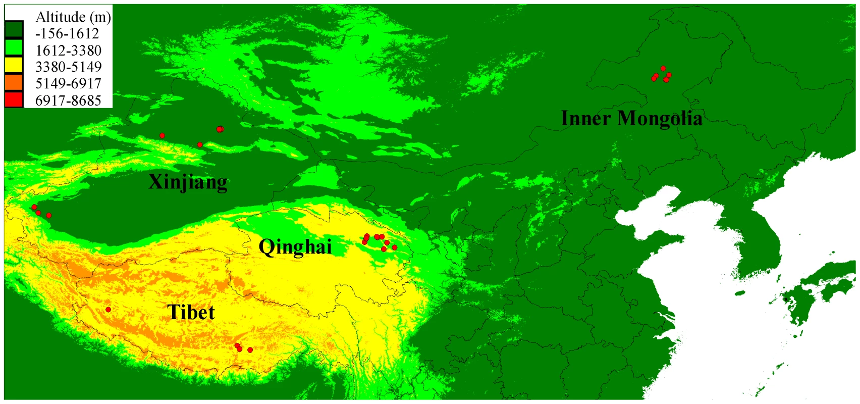 Geographical distribution of the sampled 35 Chinese wolves in this study.