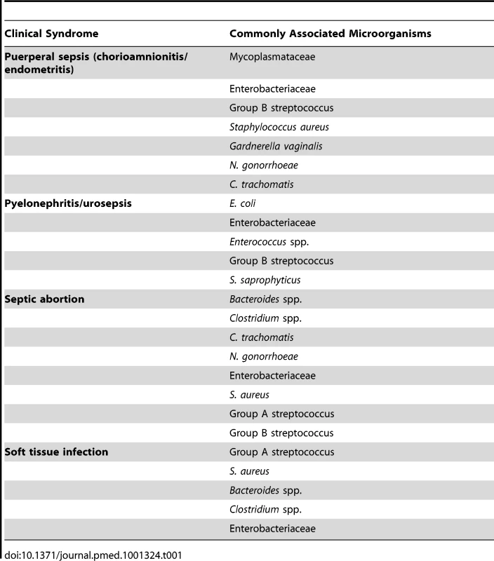 Common syndromes associated with life-threatening maternal infections and the pathogens most frequently associated with these.