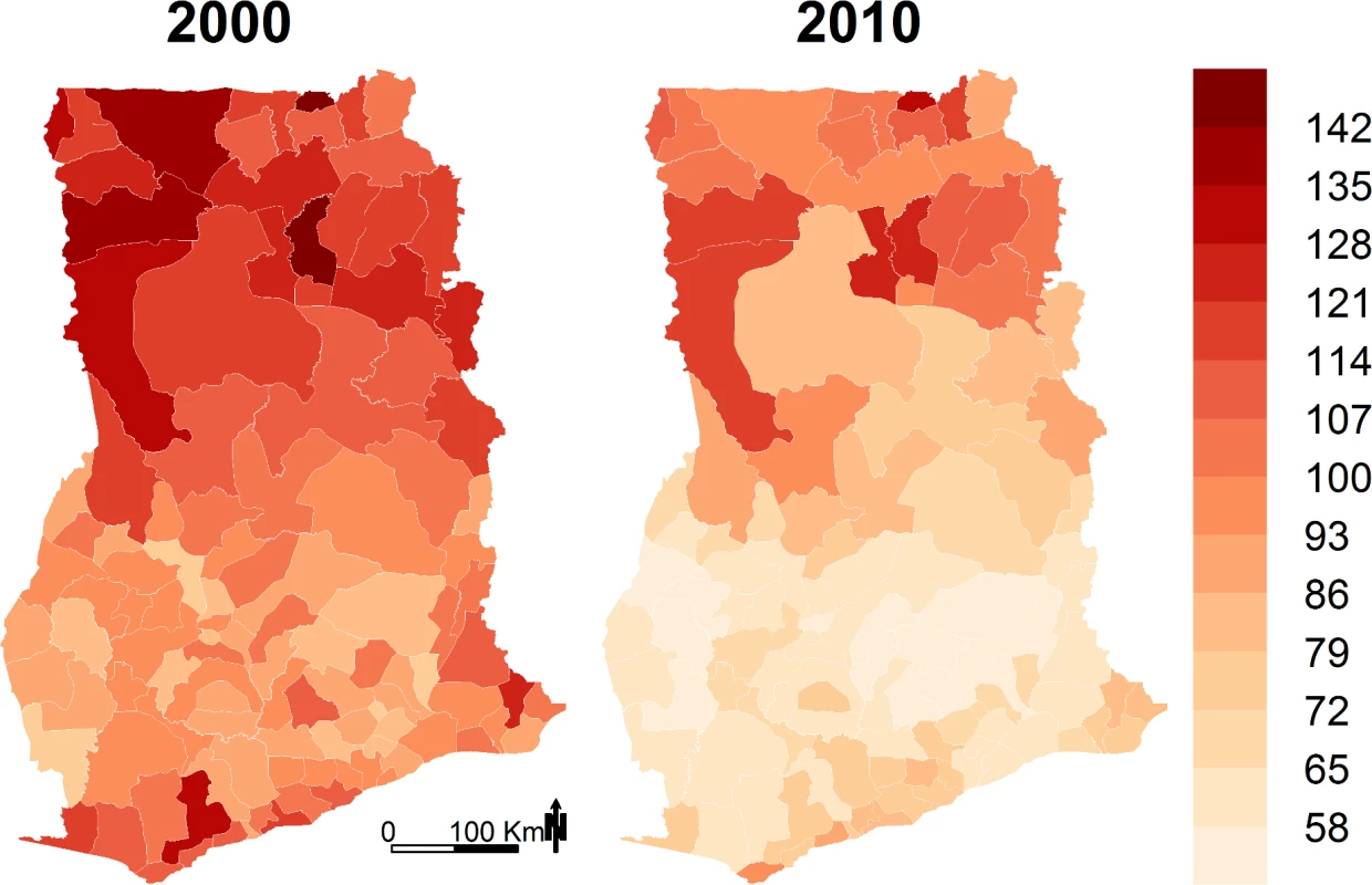 Under-five mortality (deaths per 1,000 live births) by district in 2000 and 2010.