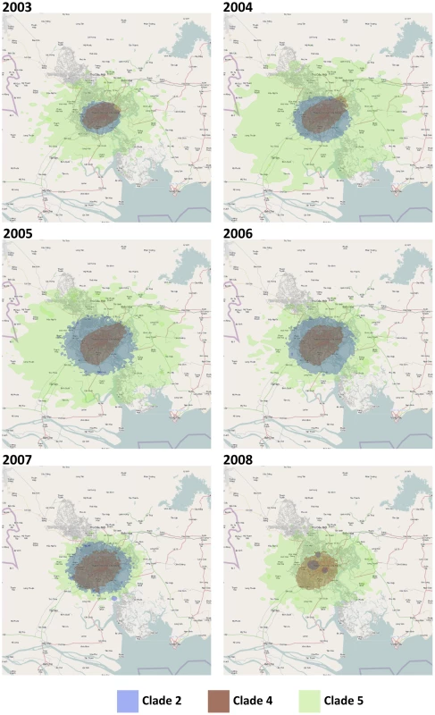 The dispersion of the main clades in HCMC from 2003–2008 estimated from the continuous diffusion phylogeography process.