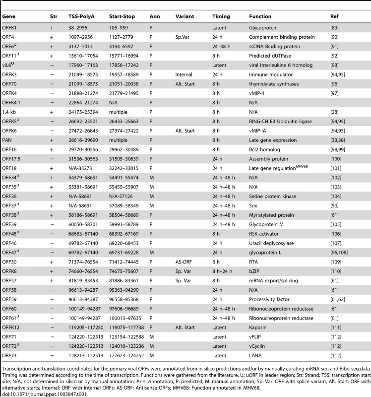 Transcription and translation coordinates, timing of expression, and function of latent, early lytic and delayed early lytic ORFs.
