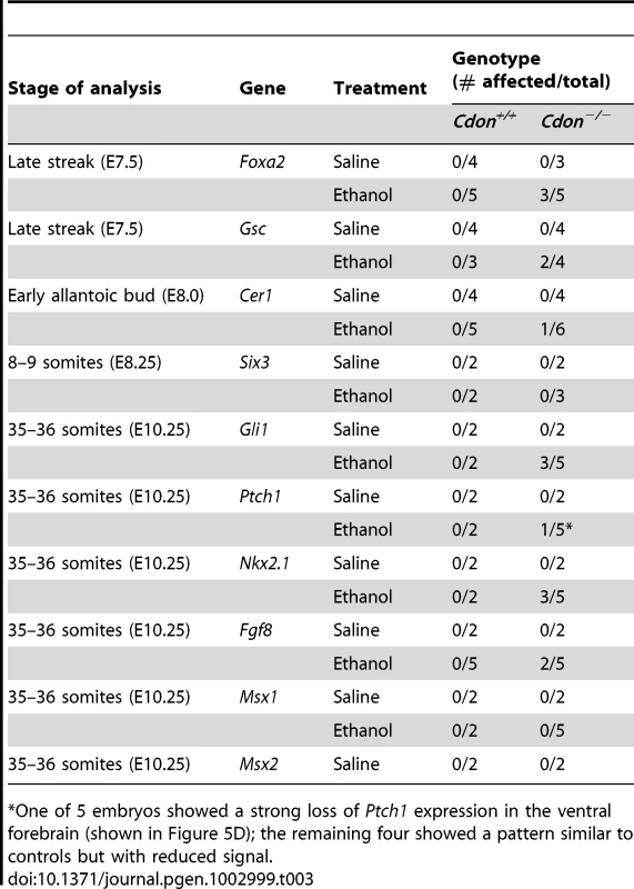 Defects in gene expression in ethanol-treated 129S6.<i>Cdon<sup>−/−</sup></i> mice at different stages of analysis.