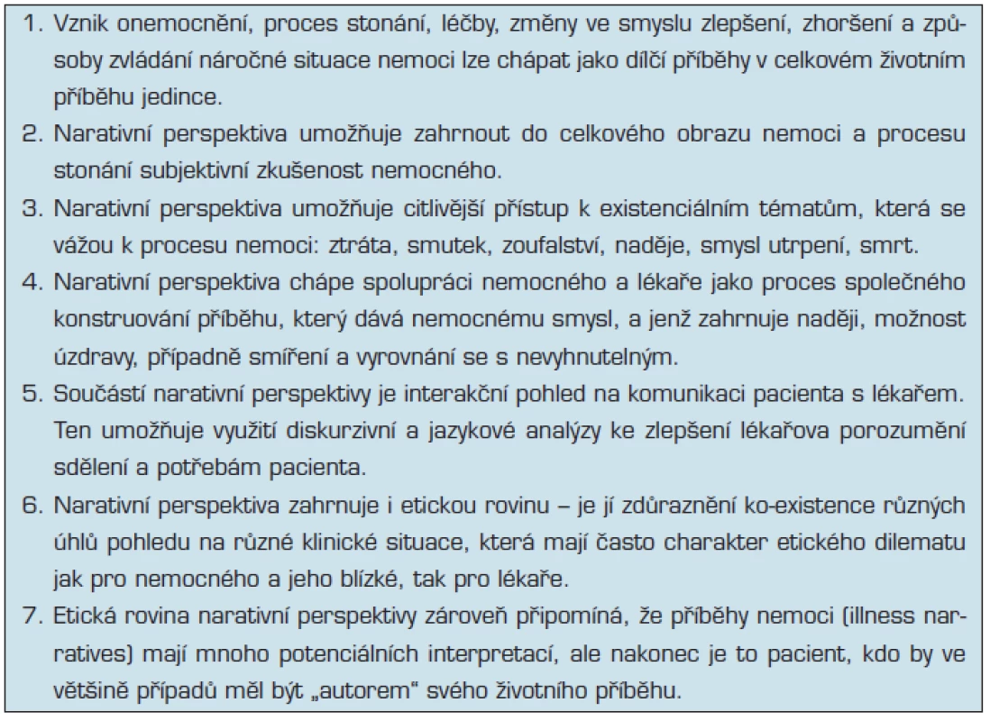 Základní prvky narativní perspektivy v medicíně (s úpravami a doplněním dle 24,25, 26, 27)