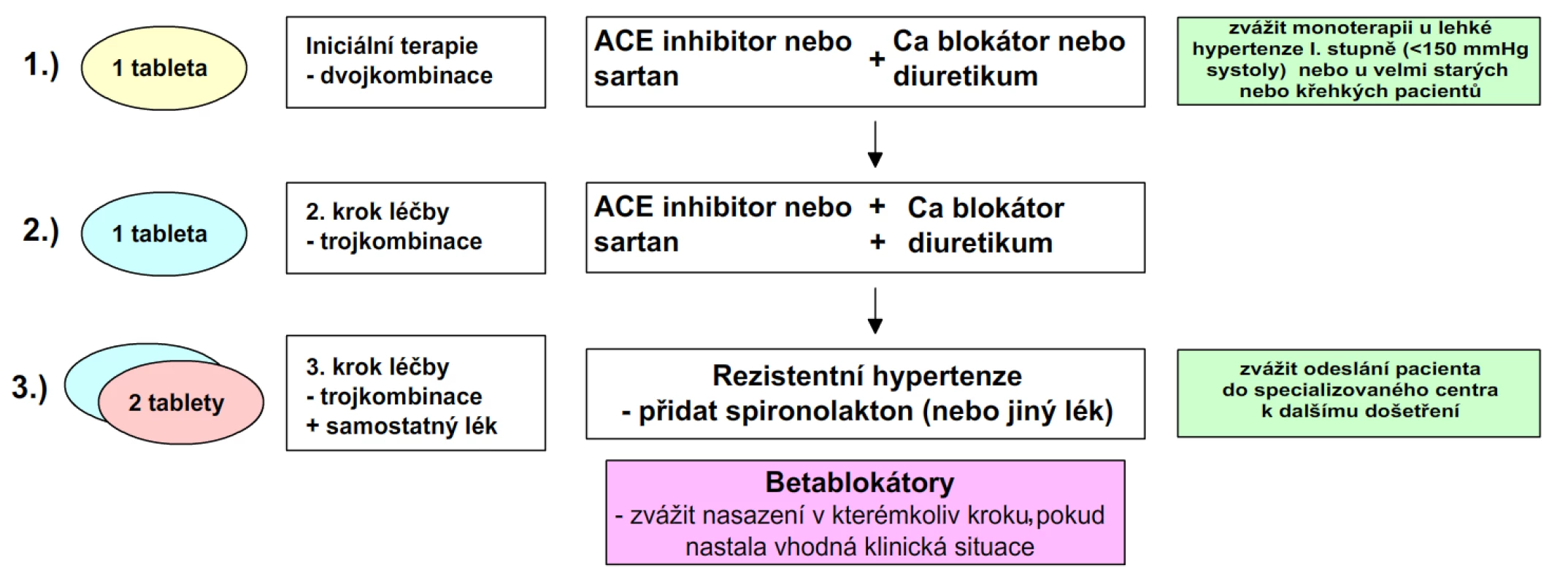 Jednotlivé kroky titrace antihypertenzní medikace, dle guidelines [12]