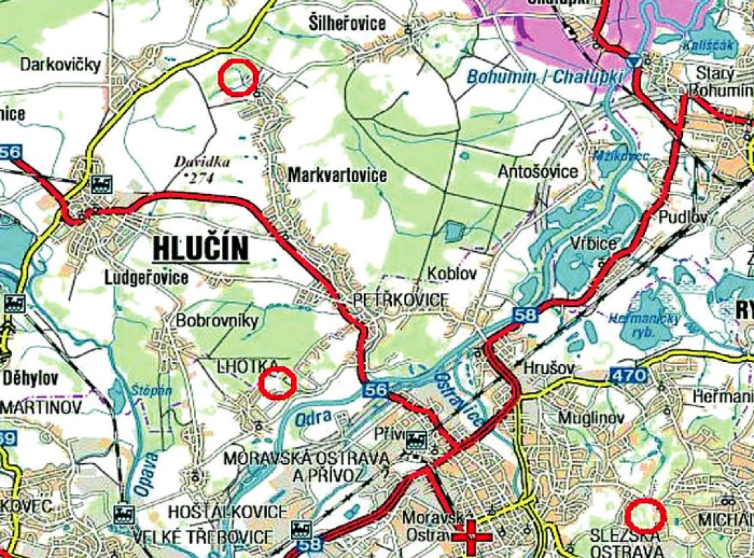 Mapka Ostravska (http://supermapy.centrum.cz) se třemi kroužky vyznačujícími lokality sběru (od severu k jihu studijní plochy Hlučín, halda A, a halda B)
Fig. 1. Map of the Ostrava area (http://supermapy.centrum.cz) with three encircled tick collection sites (from North to South: Hlučín, control site C, slag heap Oskar, site A, and slag heap Emma, site B)