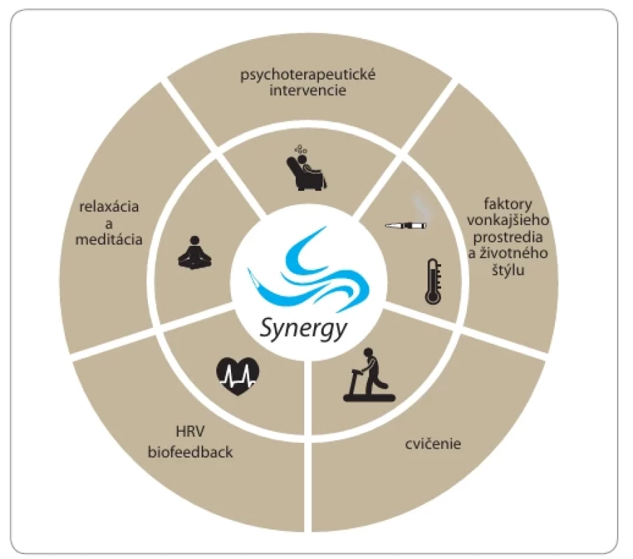  2. Schematické znázornenie intervencií, ktoré tvoria základ Protokolu Synergy. HRV – variabilita srdcovej frekvencie
