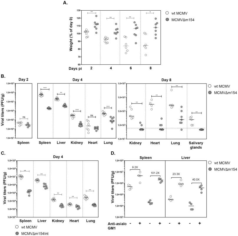 <i>In vivo</i> attenuation of MCMVΔm154 in an NK cell-dependent manner.