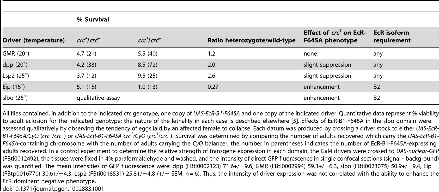 Dominant effects of <i>crc<sup>1</sup></i> on the phenotypes of EcR-B1-F645A expression.