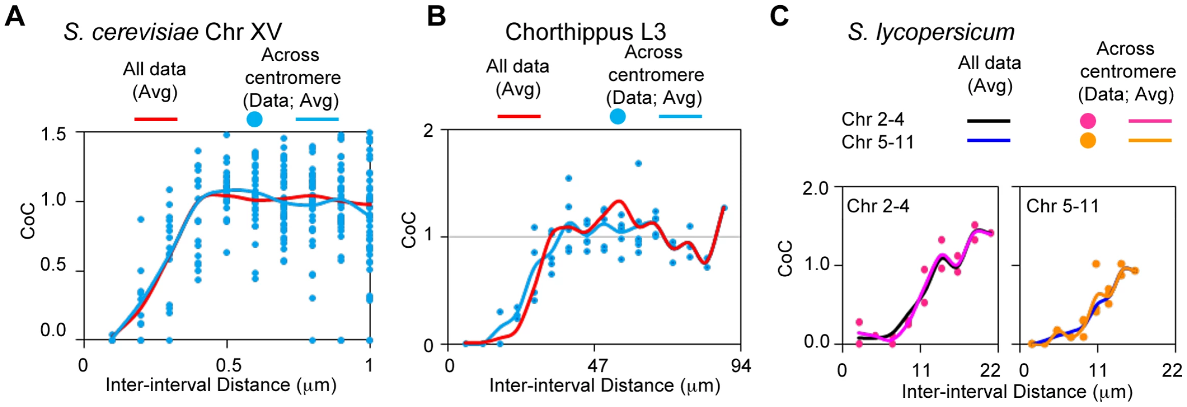 Interference spreads across centromeres in yeast, grasshopper and tomato.