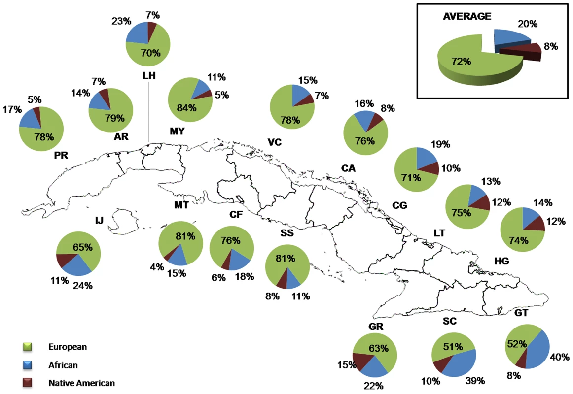 Distribution of ancestral contributions in the total sample and stratified by province as inferred from autosomal AIMs.