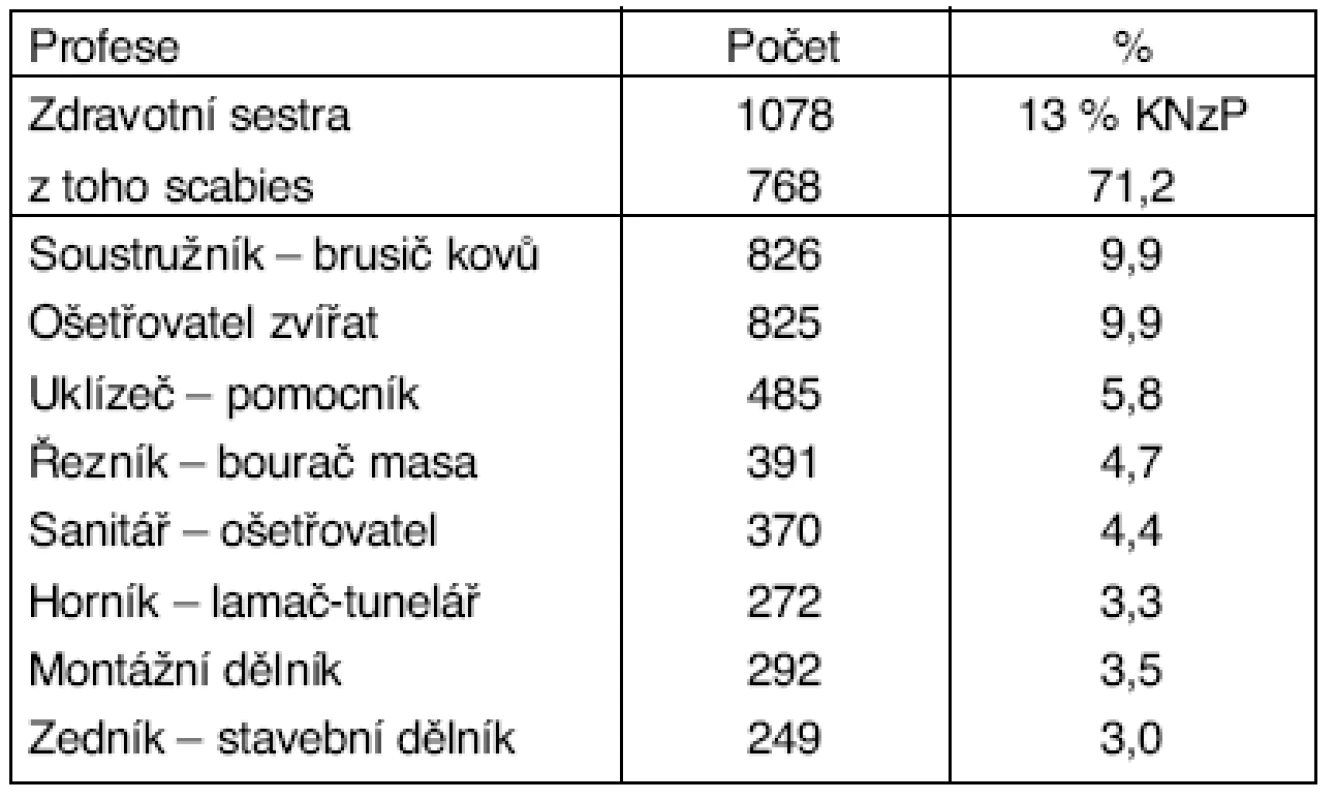 Profesionální dermatózy v ČR v období 1992–2204  – podle profese
