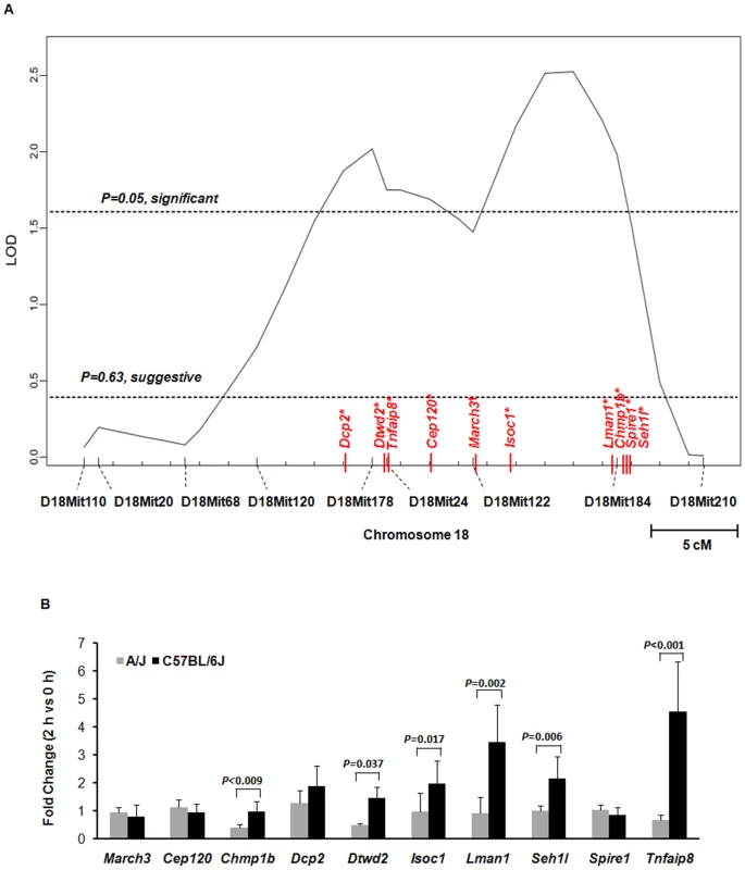 Ten genes on chromosome 18 were identified by both QTL mapping and expression array for susceptibility to <i>S. aureus</i>.