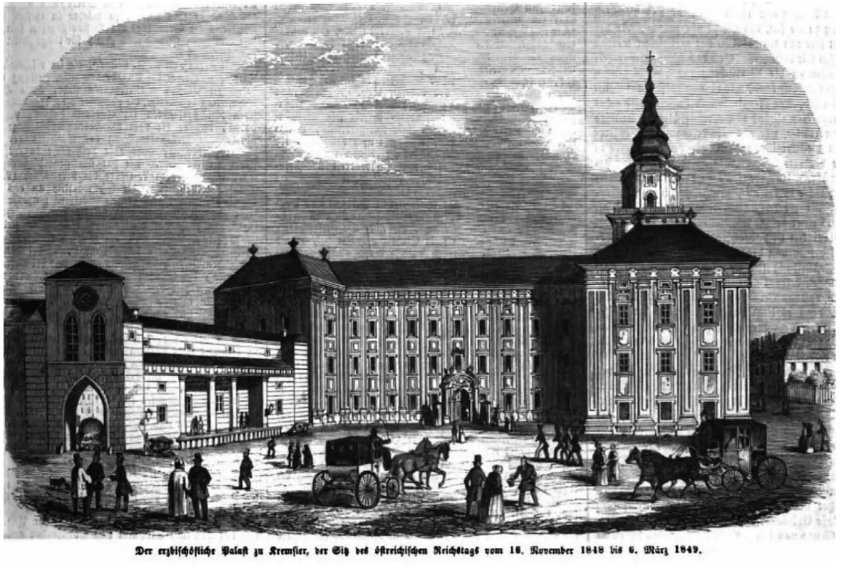 Zámek v Kroměříži, v letech 1848–1849 místo zasedání Ústavodárného sněmu, který nečekaně císař rozpustil a vyhlásil takzvanou oktrojovanou ústavu