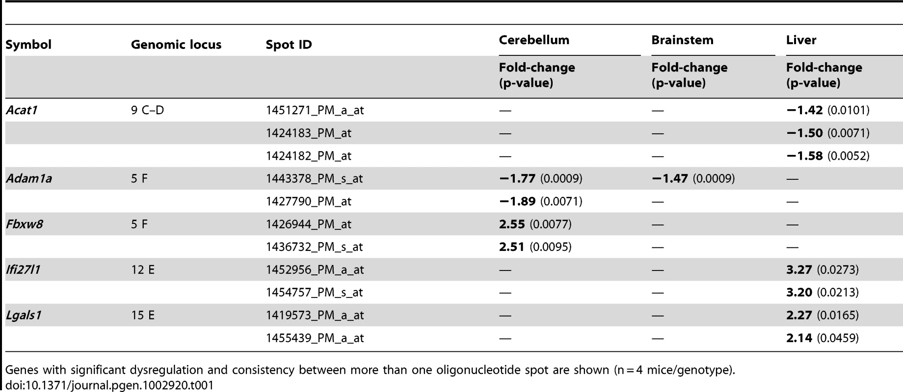 Differentially regulated mRNAs in CAG42 mice at the age of 18 months.
