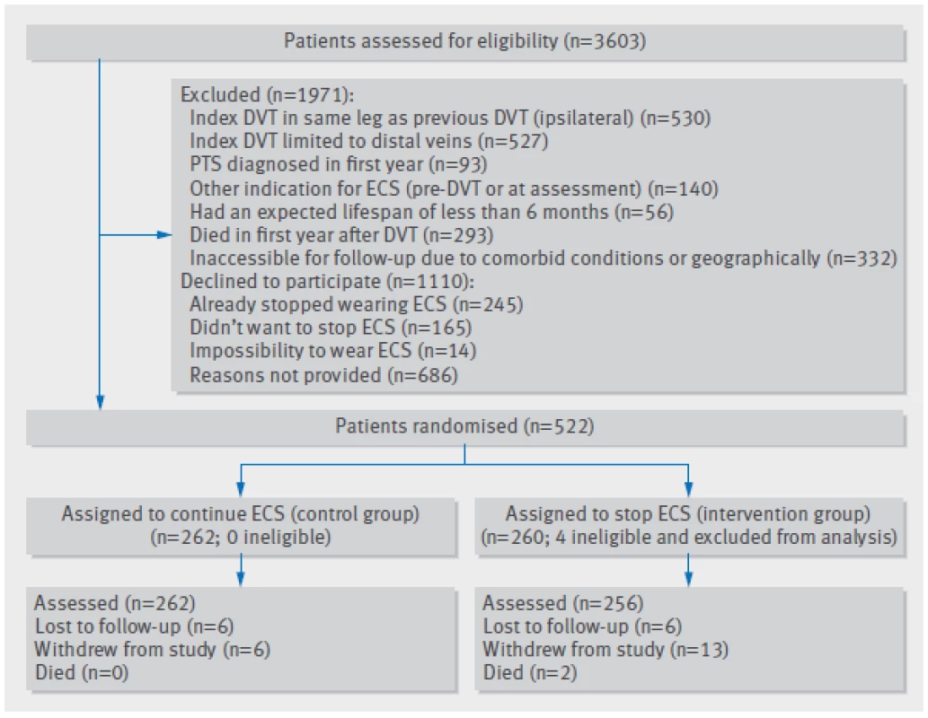 Flow chart of study. DVT=deep venous thrombosis; ECS=elastic compression stockings; PTS =post-thrombotic syndrome