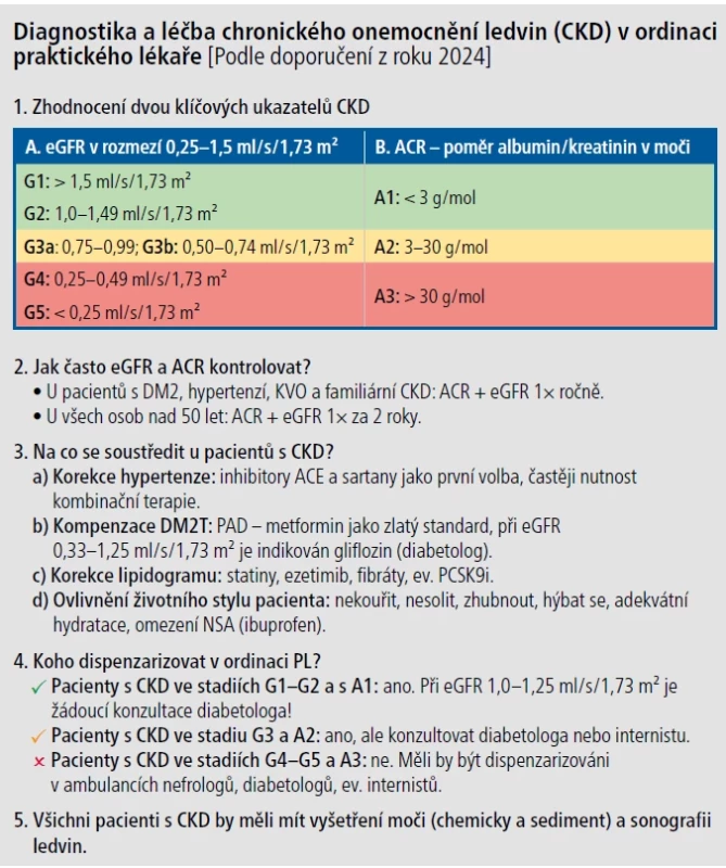 Algoritmus pro diagnostiku a léčbu chronického onemocnění ledvin (CKD) v ordinaci praktického lékaře podle doporučení z roku 2024. [Autoři: MUDr. Pavel Tománek, MUDr. Zbyněk Grešák]