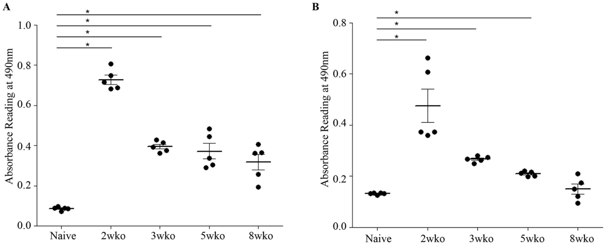 Age-dependent anti-DENV1 and anti-DENV2 IgG antibody responses in mice born to DENV1 immune mothers.