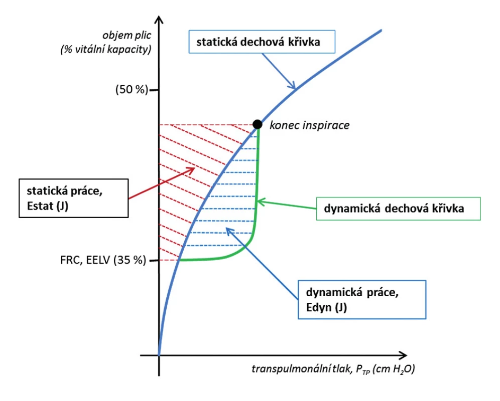 Dynamická (Edyn) a statická (Estat) složka mechanické energie dodané respiračnímu systému v inspirační fázi při umělé plicní ventilaci pozitivním přetlakem.