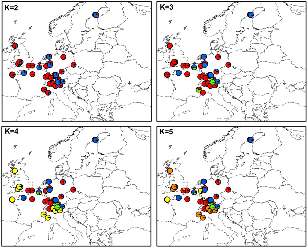 Maps of mean membership probabilities per locality from the InStruct analysis for <i>Microbotryum silenes-dioicae</i> (MvSd), assuming 2 to 5 clusters.