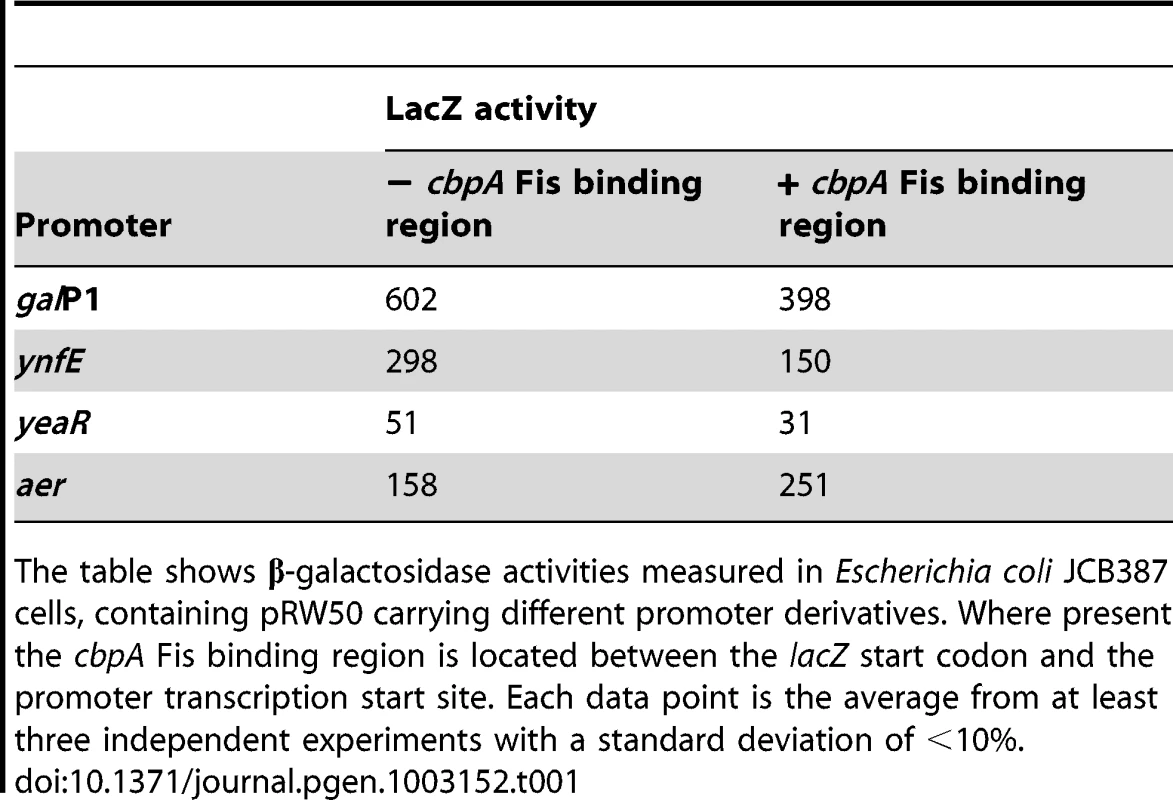 LacZ expression from different promoter::<i>lacZ</i> fusions in the presence and the absence of the <i>cbpA</i> Fis binding region.