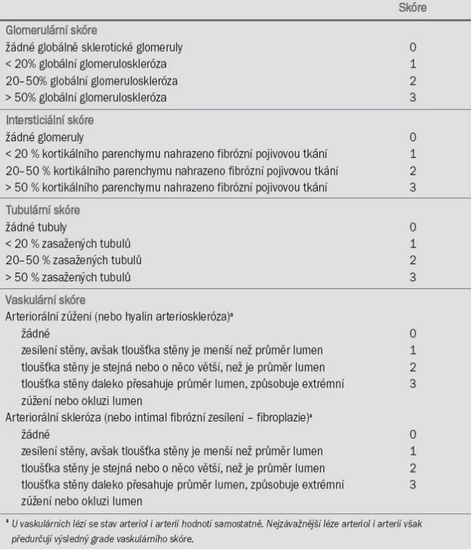 Semi-kvantitativní stupnice pro určování skóre renální biopsie (Karpinski et al, 1999).