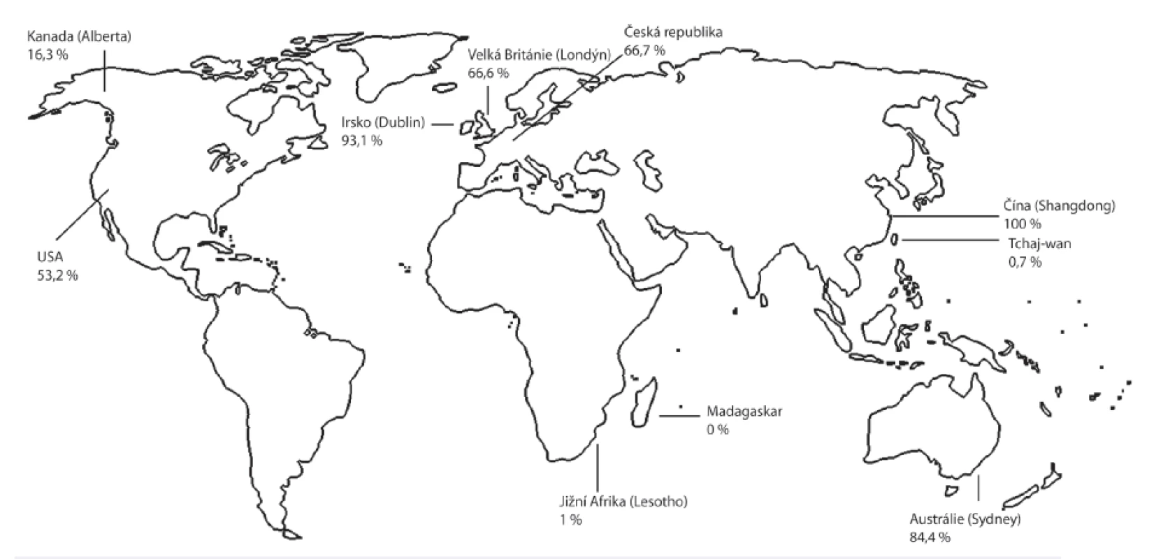 Distribuce prevalence rezistentních kmenů TPA ve světě
Vysoká prevalence rezistentních kmenů byla popsána v Austrálii, Číně, Irsku, USA a Velké Británii. Nižší prevalence byla zaznamenána v Kanadě, Jižní Africe a na Tchaj-wanu a nulová prevalence těchto kmenů byla zaznamenána na Madagaskaru. Byla použita data pouze z recentních publikačních zdrojů (2010–2014) [48, 56, 57, 58, 59, 60, 61, 62, 63, 64].<br>
Fig. 4. World distribution of the prevalence of resistant TPA strains. High prevalence countries: Australia, China, Irland, USA, and UK. Lower prevalence countries: Canada, South Africa, and Taiwan. Zero prevalence country: Madagaskar. All data were taken from recent sources (2010–2014) [48, 56, 57, 58, 59, 60, 61, 62, 63, 64].