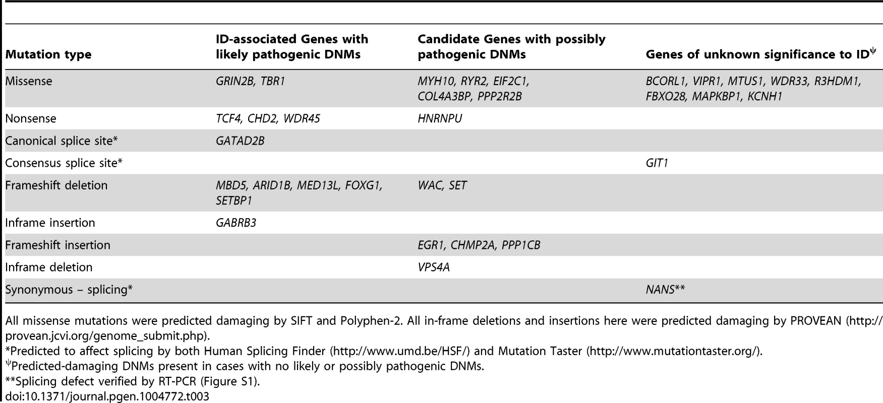 Genes affected by predicted-damaging DNMs identified herein and their implication in ID.