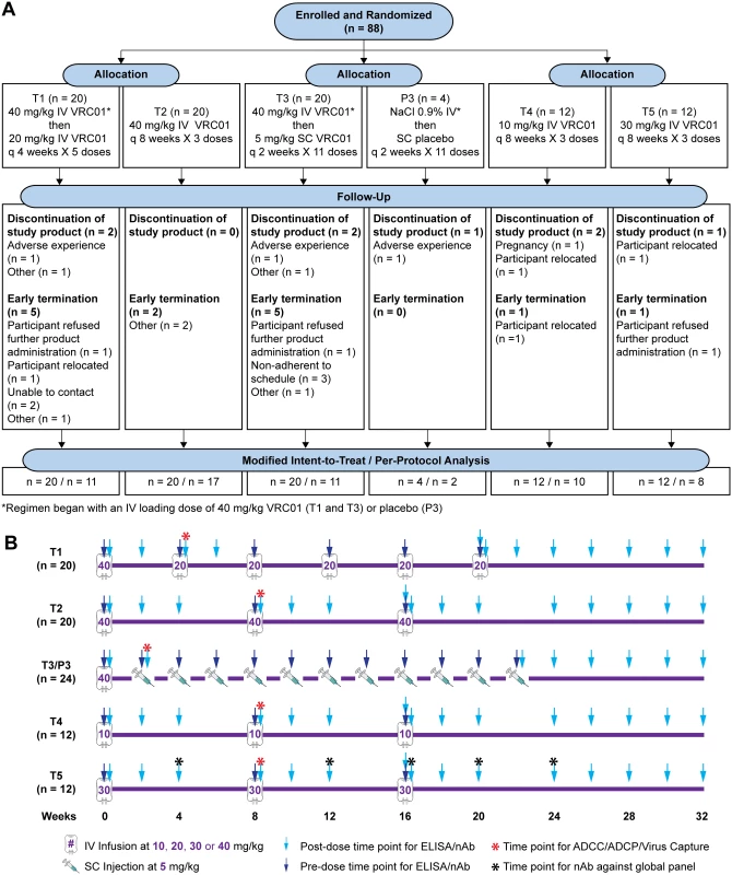 HVTN 104 CONSORT flow diagram (A) and specimen collection schedule (B).