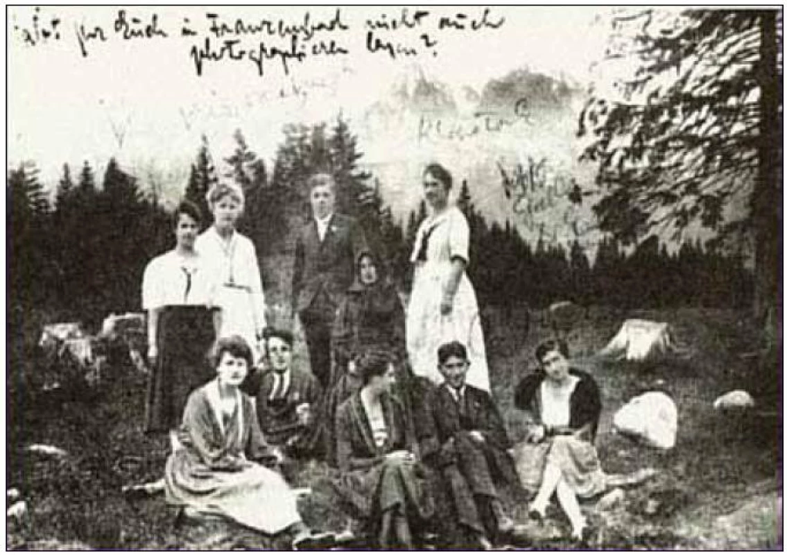 Róbert Klopstock a Franz Kafka s pacientmi a zdravotníckym personálom z Villy Tatra v Tatranských Matliaroch, vo Vysokých Tatrách.