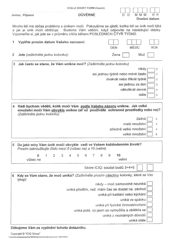Dotazník mezinárodní konzultace pro kontinenci (ICI-Q)
Fig. 3.
The International Consultation on Incontinence questionnaire (ICI-Q)