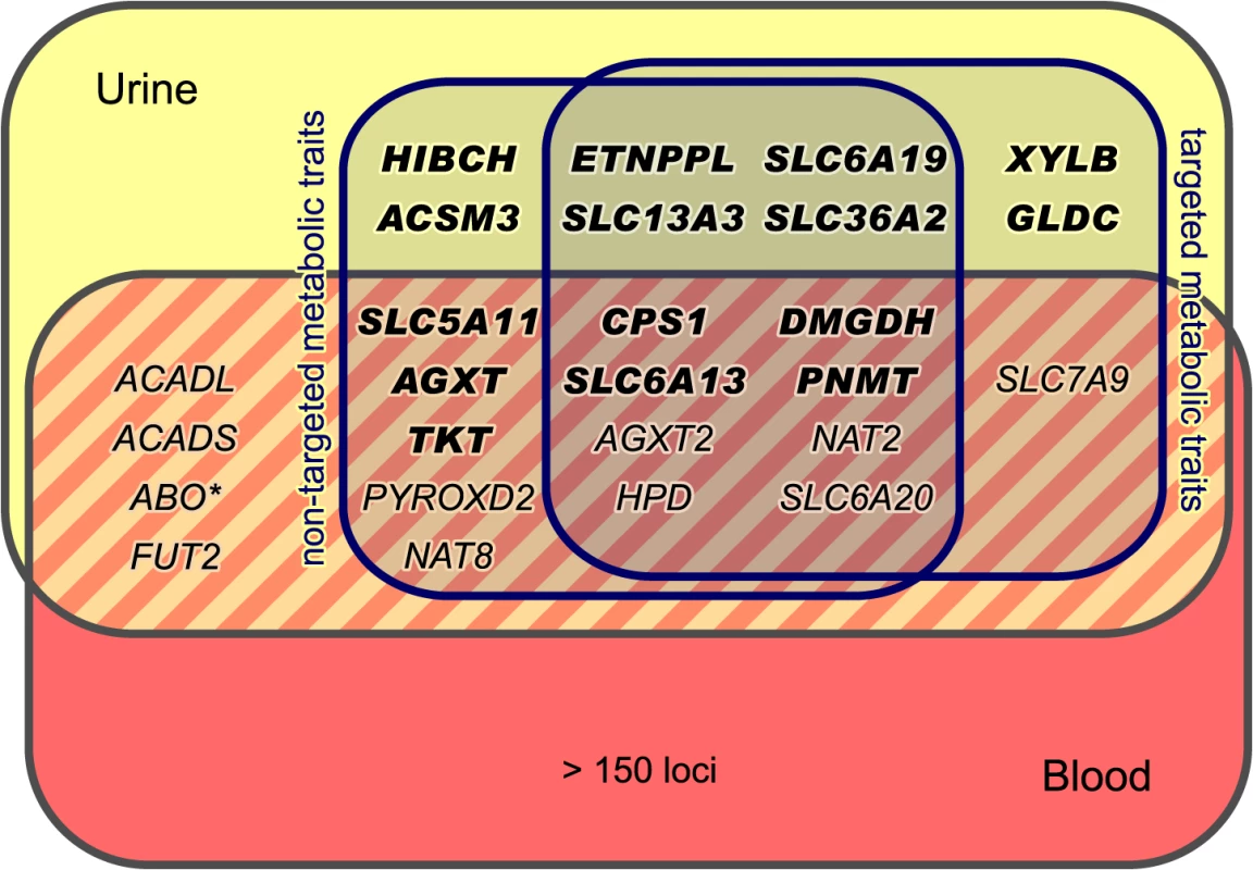 Loci with associated urinary metabolic traits and their overlap with previous mGWAS in blood and urine.