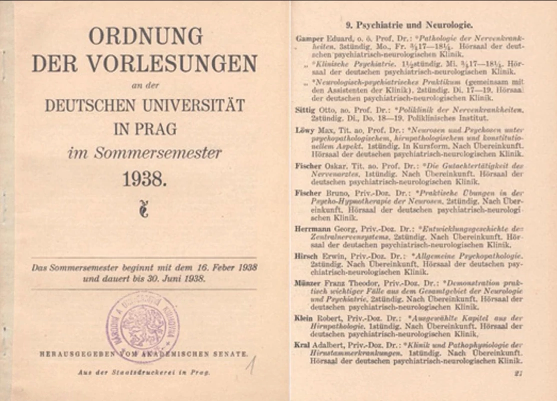 Jména přednášejících psychiatrie a neurologie ze Seznamu přednášek Německé Karlovy Univerzity v Praze (orig. Ordnung  der Vorlesungen an der Deutschen Universität in Prag 1938). Publikováno se souhlasem Archivu Univerzity Karlovy.  Fig. 3. Names of lecturers in Psychiatry and Neurology from the List of Lectures of the German Charles University in Prague (orig.  Ordnung der Vorlesungen an der Deutschen Universität in Prag 1938). Published with the permission of the Archive of Charles University.