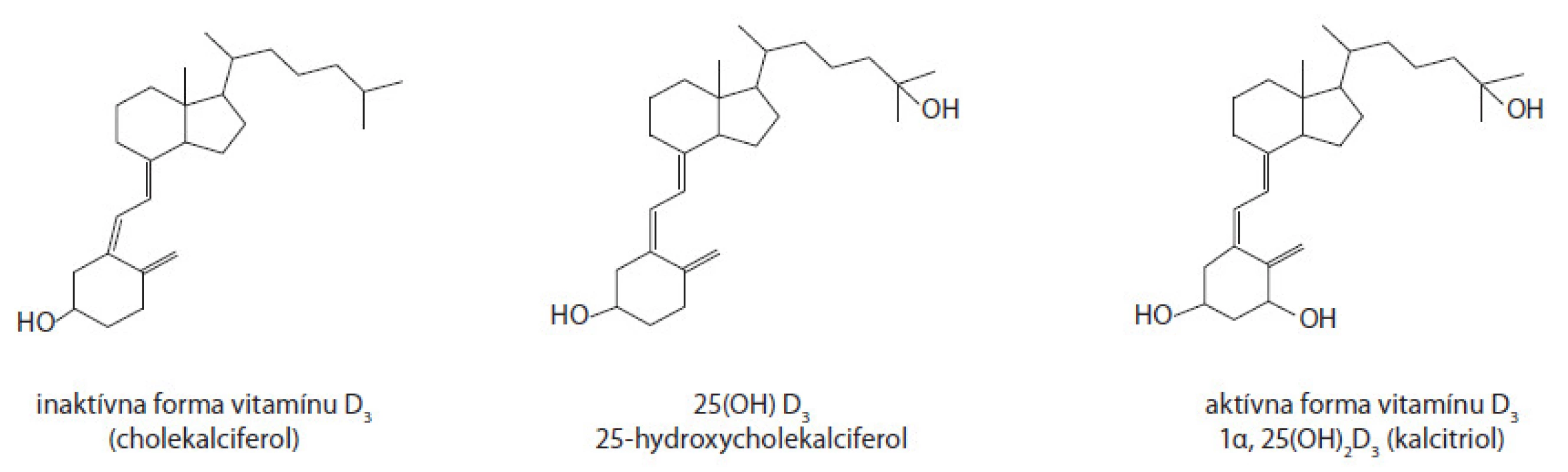 Porovnanie štruktúry neaktívnej (cholekalciferol) a aktívnej formy vitamínu D<sub>3</sub> (kalcitriol).