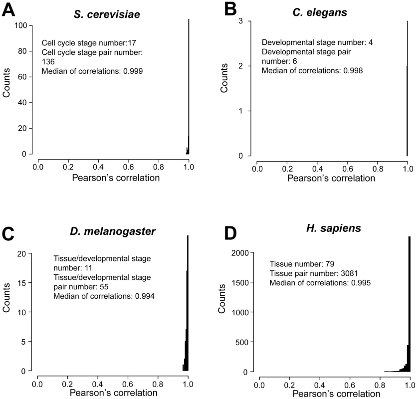 Similarity in transcriptomic codon usage across cell cycle stages, developmental stages, and tissues.