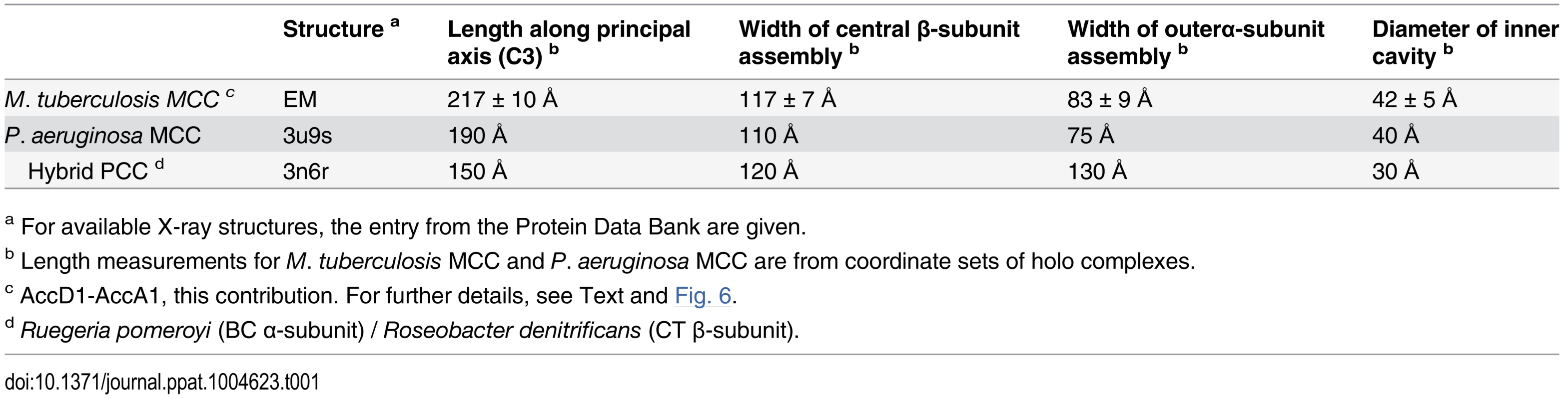 Dimensions of AccD1-AccA1 and YCC complexes with known high-resolution structures.