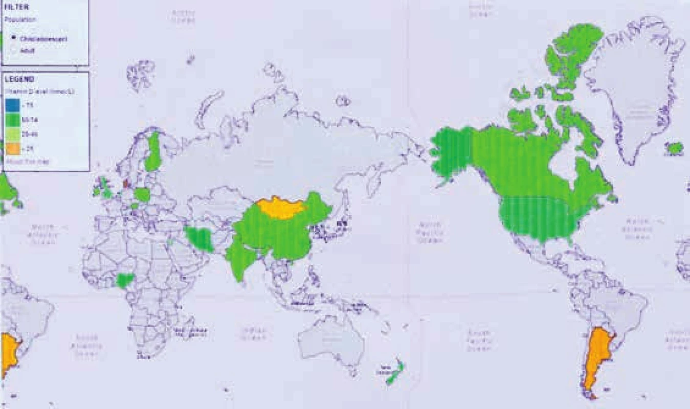 Mapa WHO ve spolupráci s International Osteoporosis Foundation s vyznačením stavu vitaminu D [25(OH)D<sub>3</sub>] ve světě u dětí (2012)