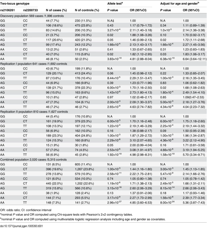 ORs for 8 two-locus genotypes versus non-risk homozygous genotype GGCC as a reference for SNPs rs2200733 and rs2106261 in the Chinese Han populations.