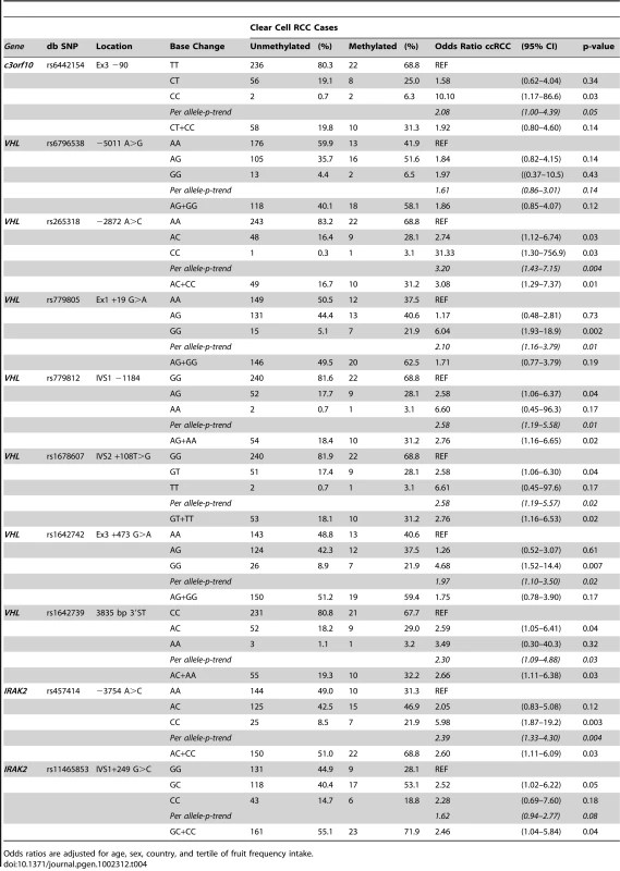 Tagging SNP analysis of common <i>VHL</i> polymorphisms in genomic DNA and promoter hypermethylation in somatic tissue from ccRCC cases.