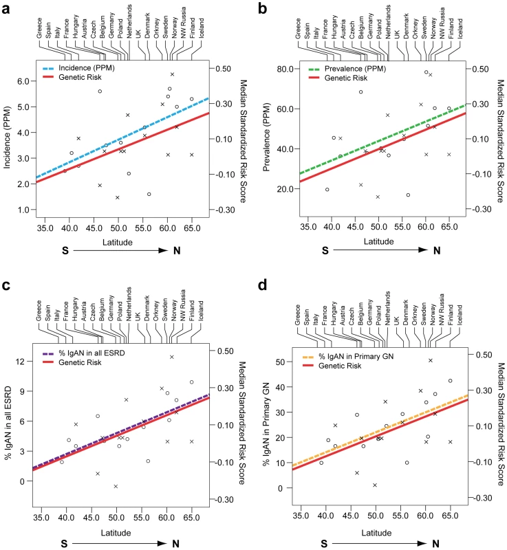 Correlation of average country latitude with country-specific genetic risk and IgAN–attributable ESRD across the European continent.