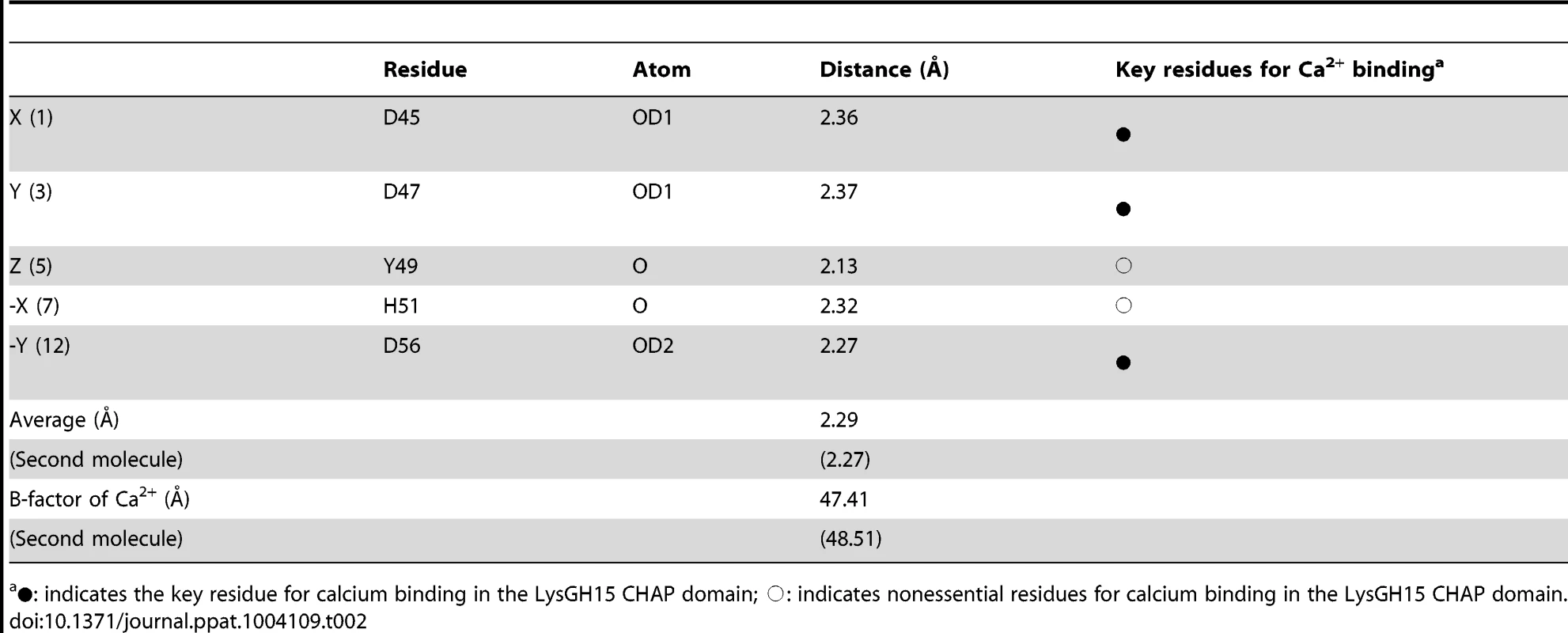 Ca<sup>2+</sup>-oxygen ligands in the LysGH15 CHAP domain.