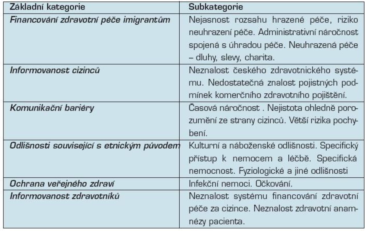 Základní kategorie a subkategorie identifikovaných problémů