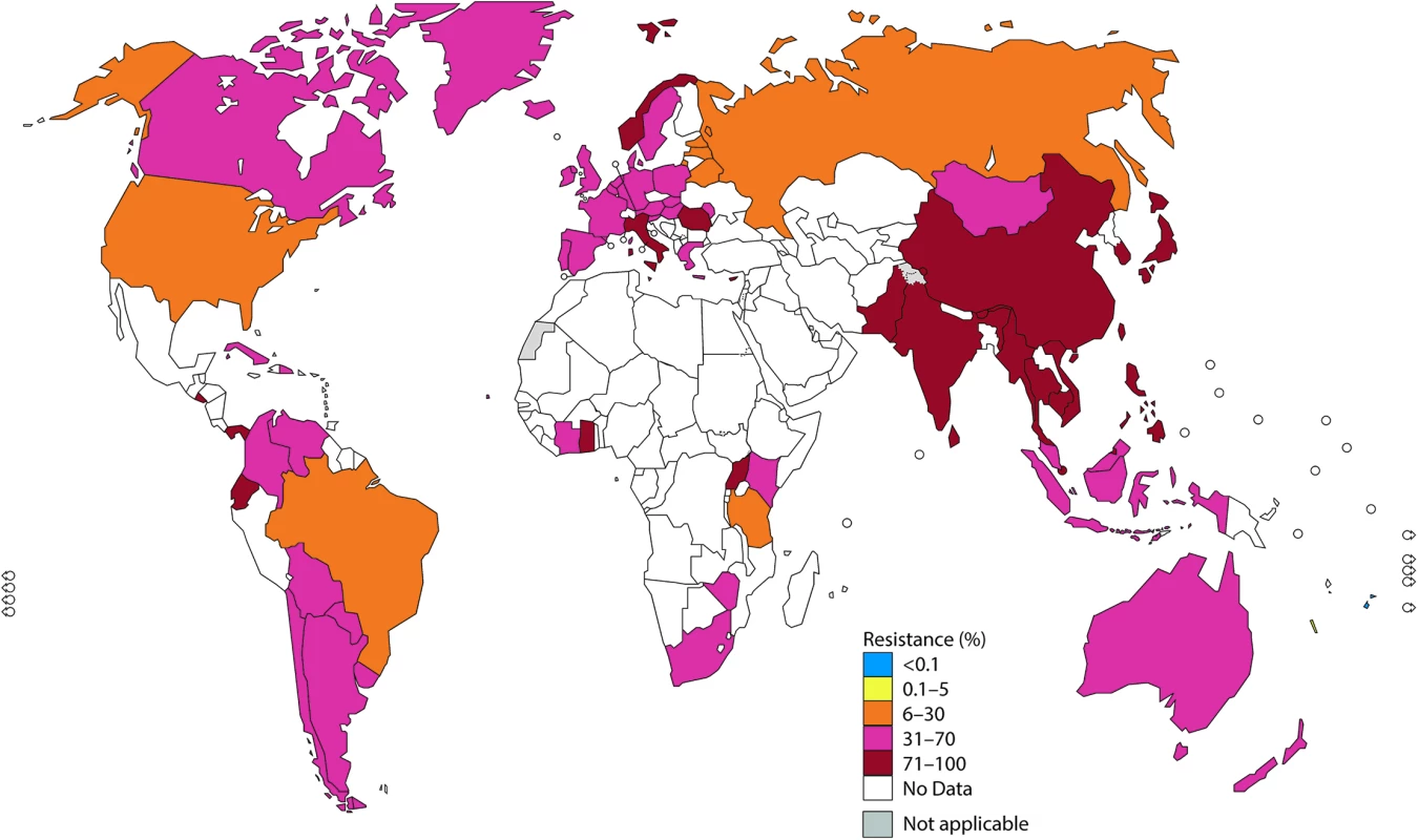 The percentage (%) of isolates with resistance to ciprofloxacin according to the most recent World Health Organization (WHO) Gonococcal Antimicrobial Surveillance Programme (GASP) data (2014 for most countries, but for a few countries, only 2011–2013 data were available).
