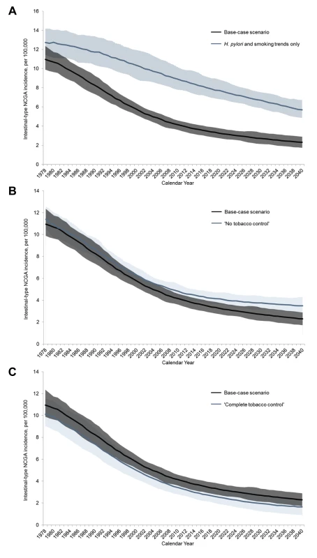 Modeled age-standardized intestinal-type NCGA incidence between 1978 and 2040 for select scenarios.