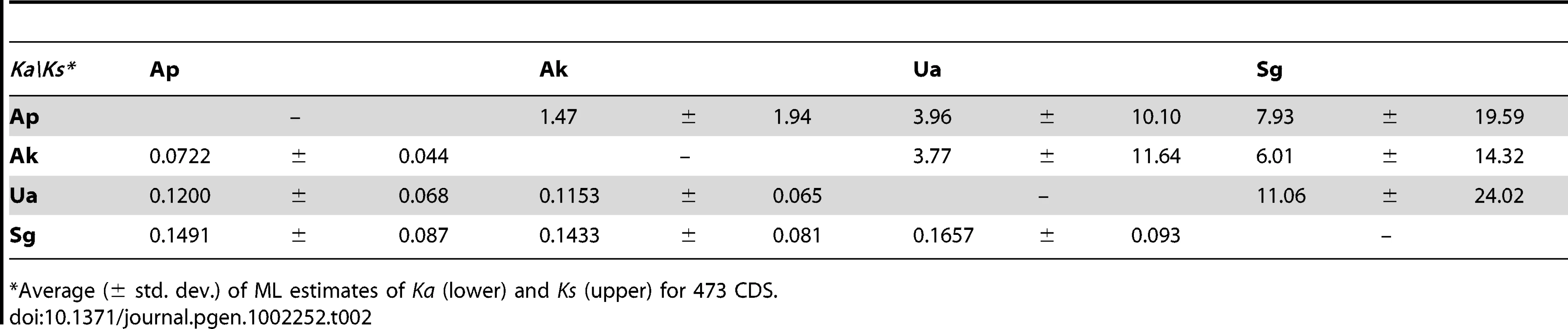 Synonymous and nonsynonymous divergences averaged across orthologous protein-coding genes of <i>Buchnera</i>-Ap, <i>Buchnera</i>-Ak, <i>Buchnera</i>-Ua, and <i>Buchnera</i>-Sg.