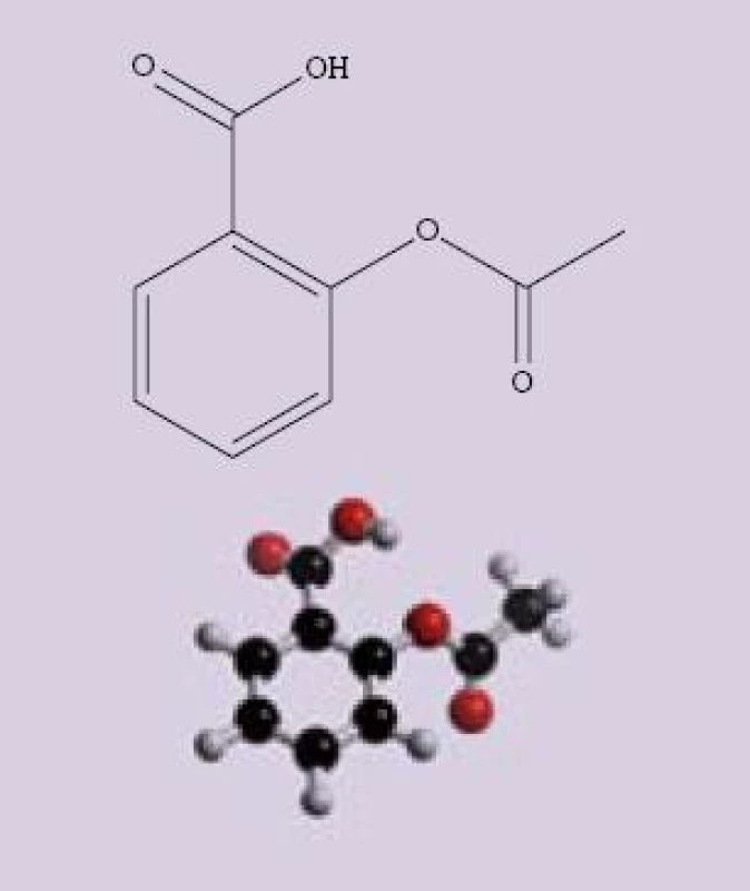 Vzorec a struktura kyseliny acetylosalicylové.