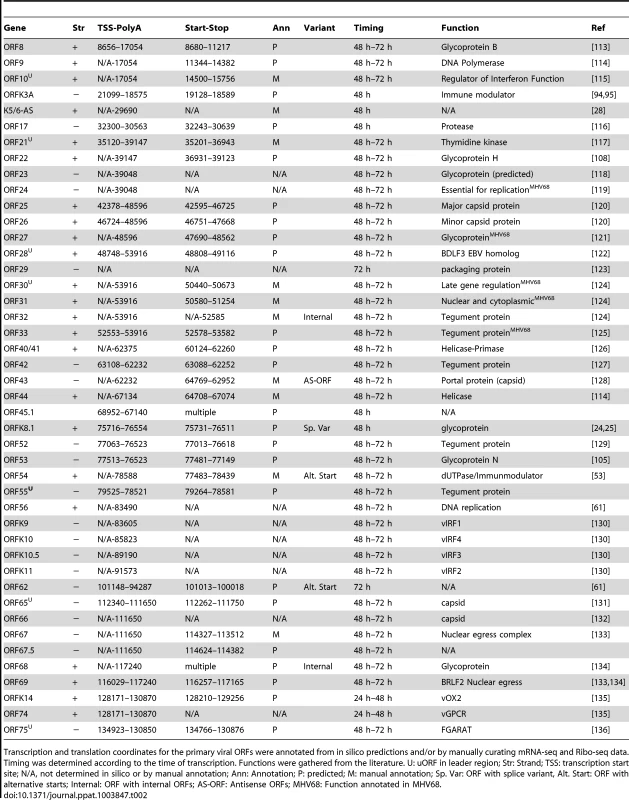 Transcription and translation coordinates, timing of expression, and function of late lytic ORFs.