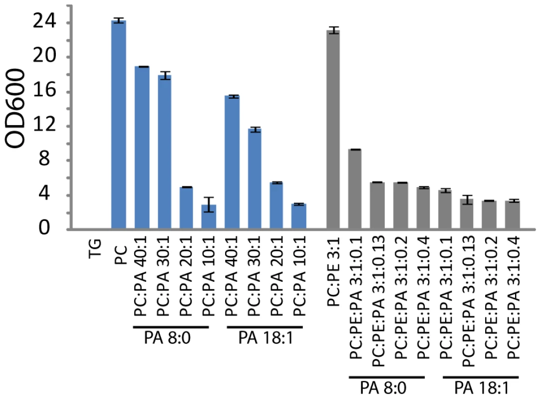 Stability and size of TAG containing artificial droplets consisting of the indicated molar ratios of the phospholipids were determined by light scattering.