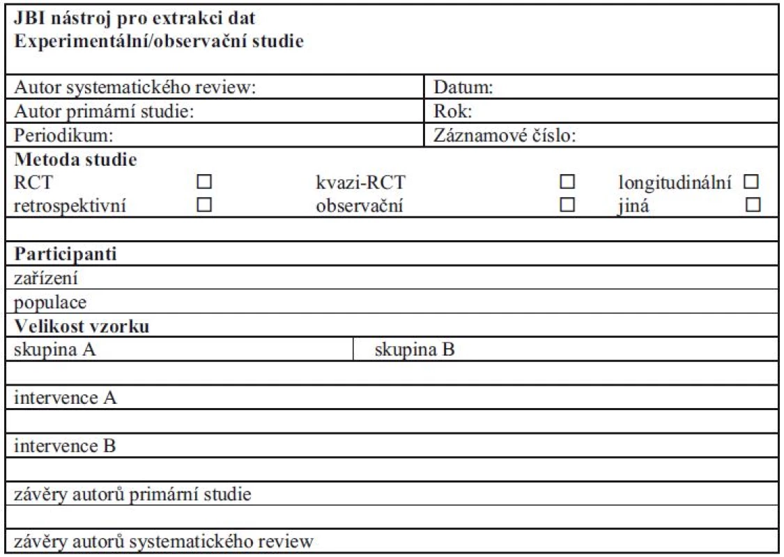 Standardizovaný nástroj JBI-MAStARI pro extrakci dat z experimentálních a observačních studií [1].